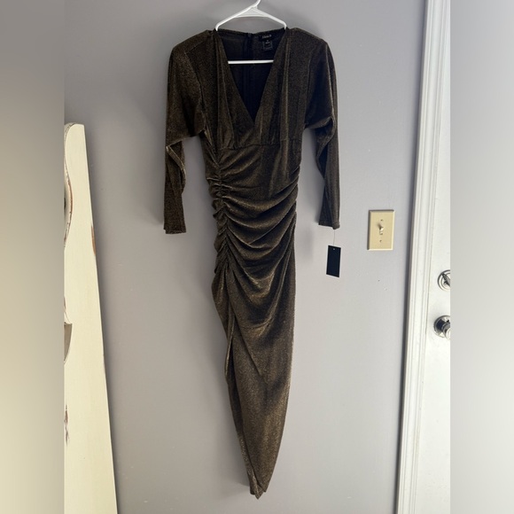 Alexa B Womens Gold Mesh Ruched Asymmetrical Maxi V Neck New Dress 4 Glam Party - Picture 1 of 10